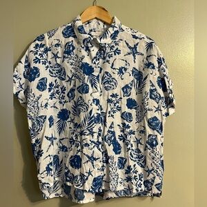 CCaliforni Womens 100% Linen Boho Seashell Printed White Blue Button Boxy Top L